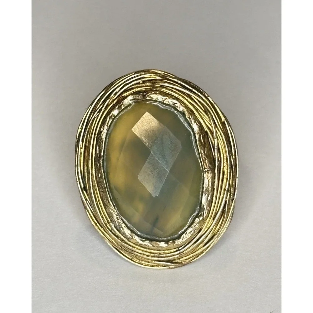 Vintage 70s Brutalist Gold Tone Sage Green Faceted Statement Ring Size 7.75